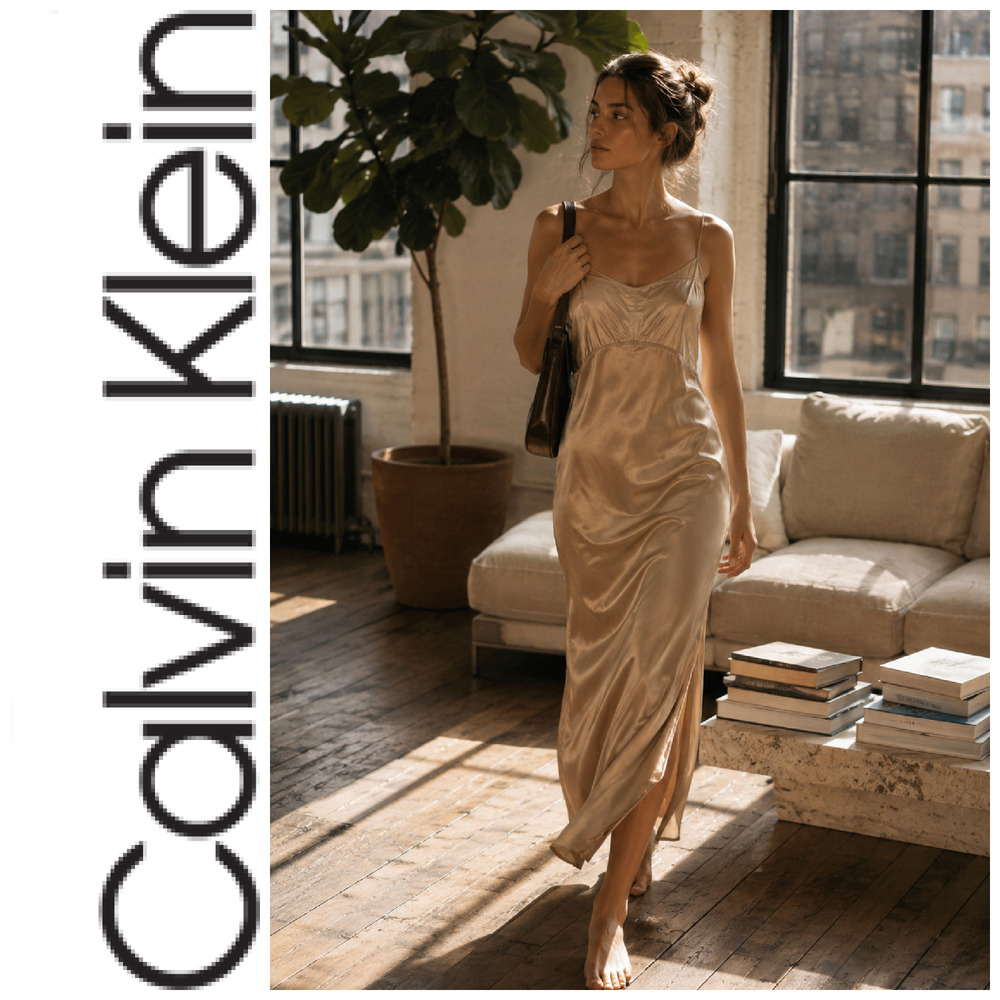 Calvin Klein Sz XL Champagne Satin Charmeuse Slip Maxi Dress Y2K 90s Minimalist